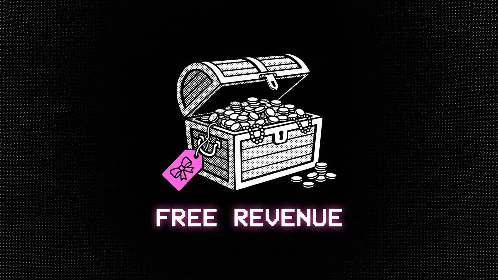 Halftone illustration of a treasure chest of coins with a gift tag, representing free AOV revenue