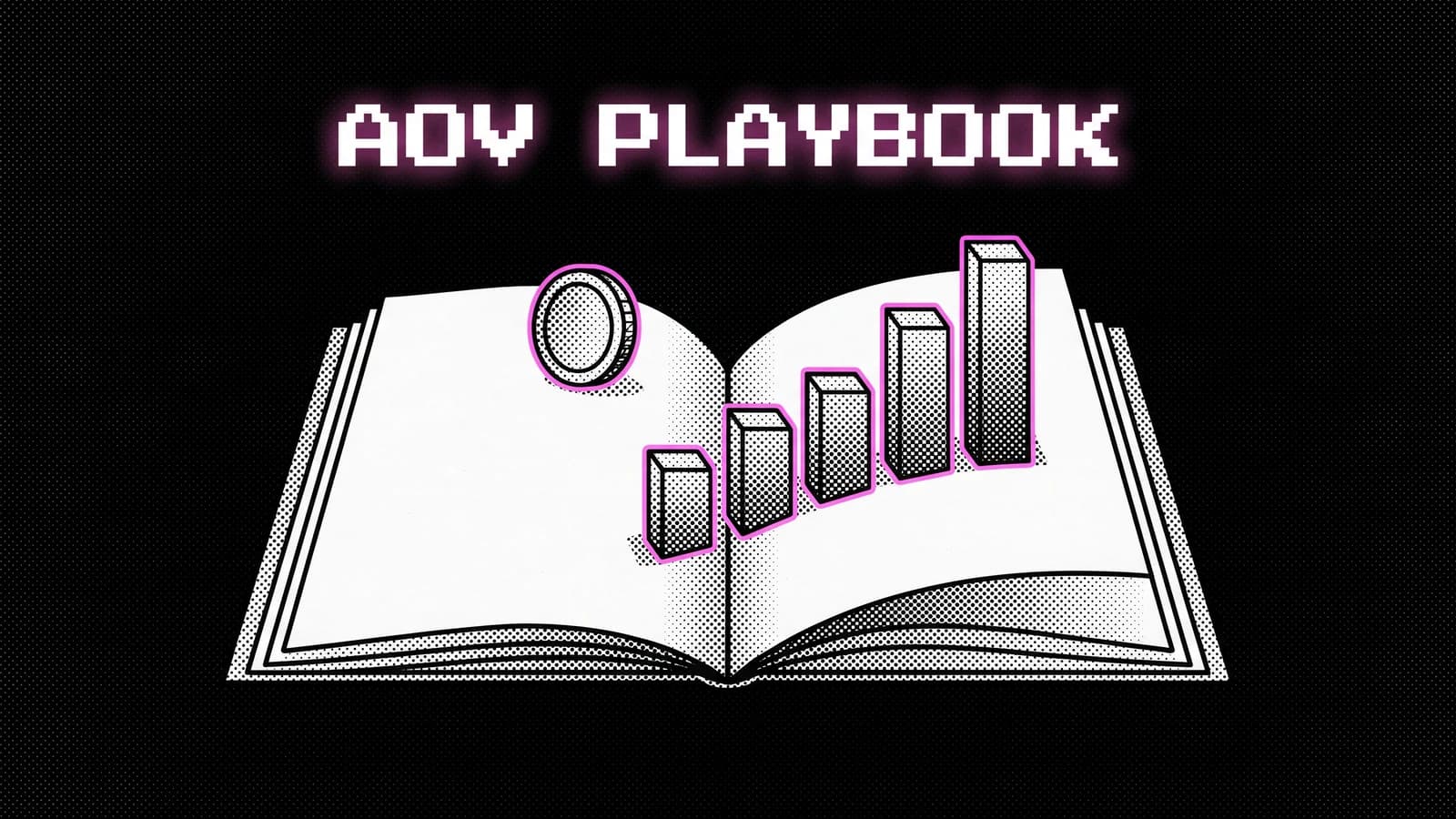 Halftone illustration of an open playbook with rising bars, the Shopify AOV and upsell playbook