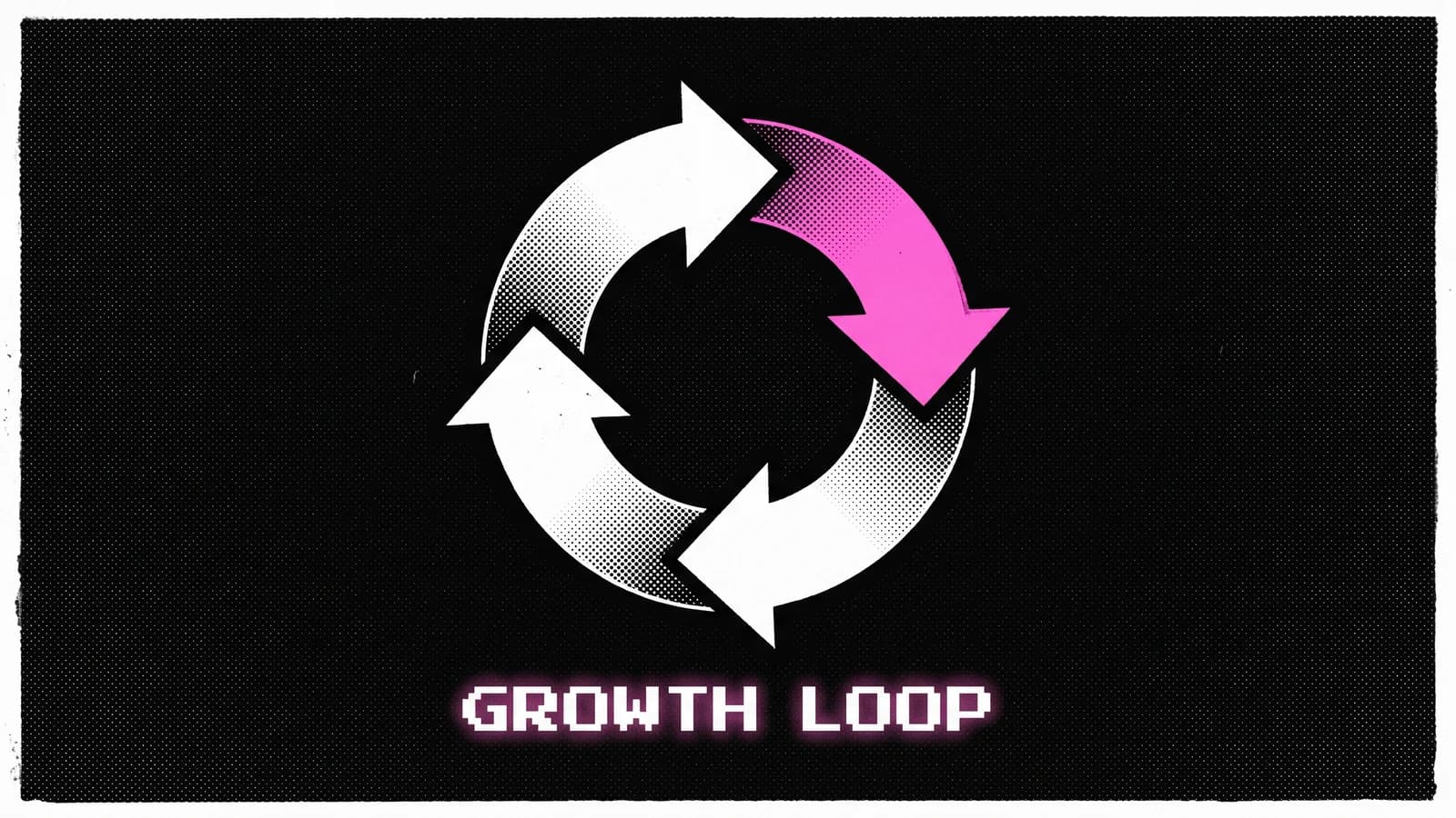 Halftone illustration of four arrows in a continuous loop, the Shopify growth loop