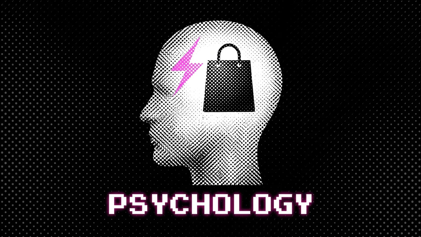 Halbton-Illustration eines Gehirns und einer Einkaufstasche, verbunden durch einen pinken Funken, die Psychologie von Post-Purchase-Angeboten