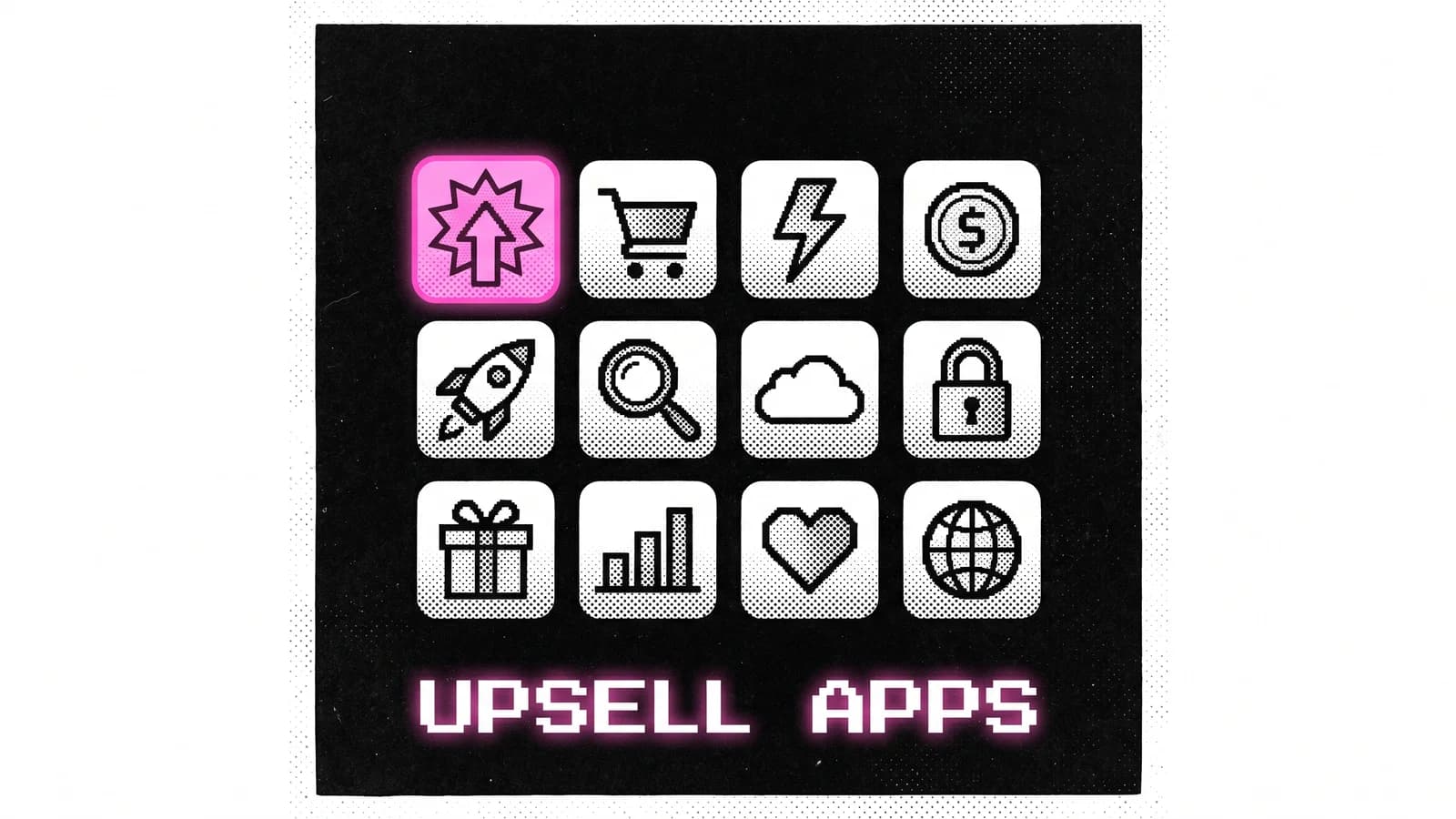 Halftone grid of app tiles with one highlighted, Shopify post-purchase upsell apps