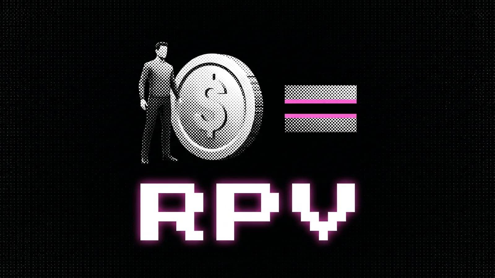 Halftone visitor figure beside a coin and an equals sign, revenue per visitor