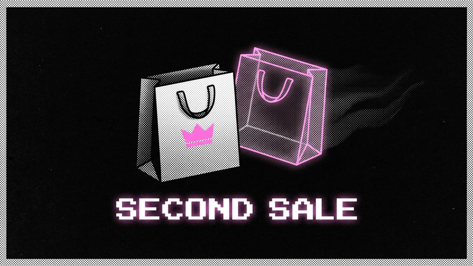 Halftone illustration of two shopping bags, the second translucent, the invisible second sale
