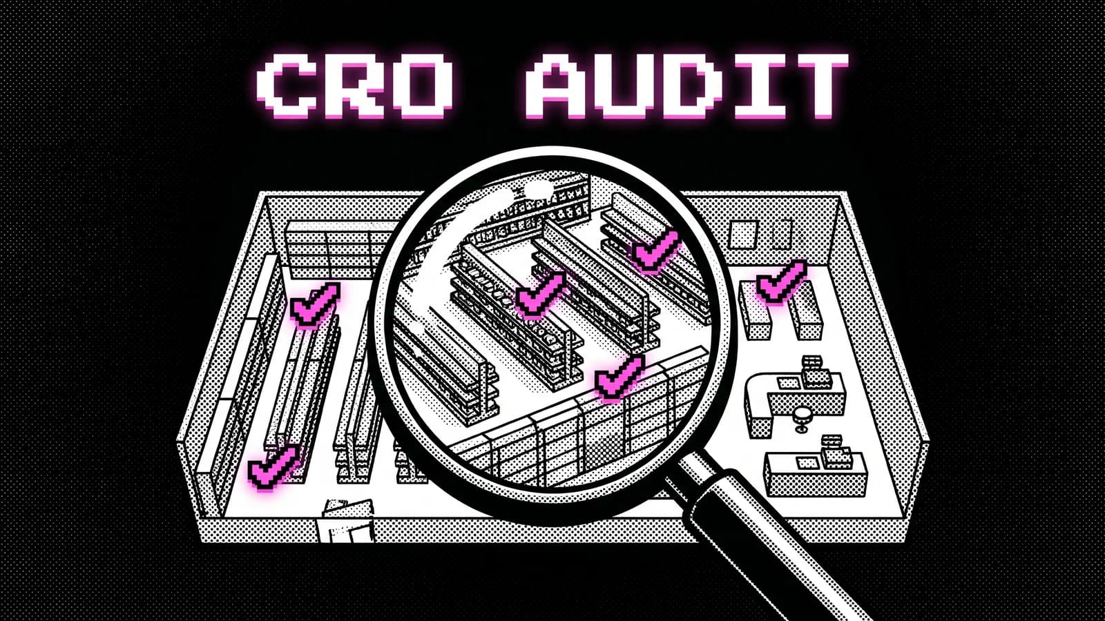 Halftone magnifying glass over a store layout with checkmarks, a CRO audit