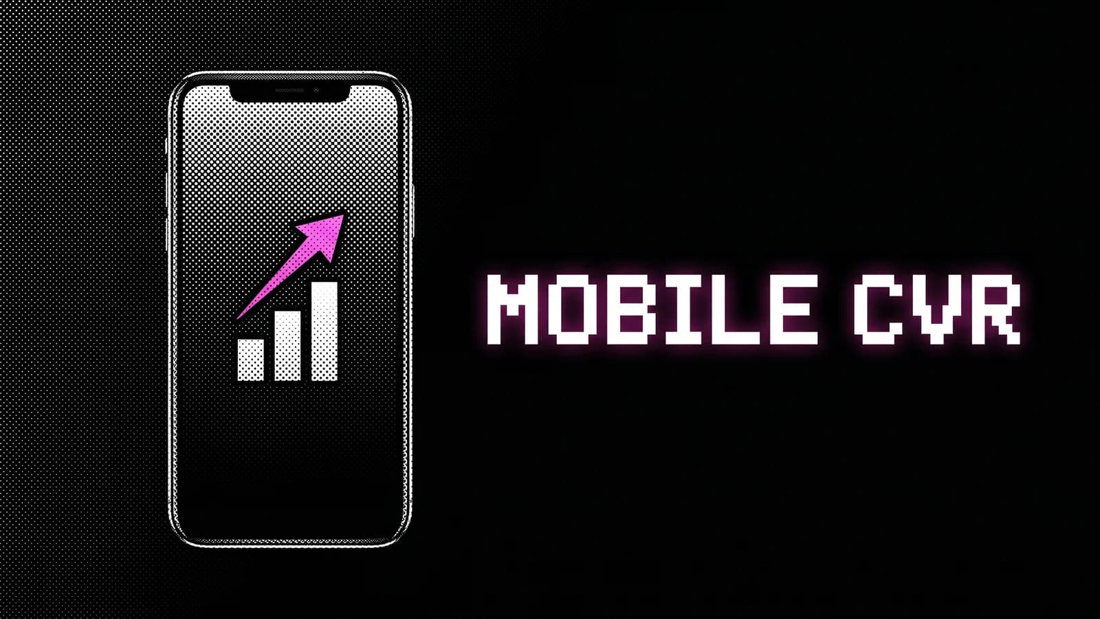 Halftone illustration of a phone screen with an ascending conversion bar and a pink upward arrow, Shopify mobile conversion rate
