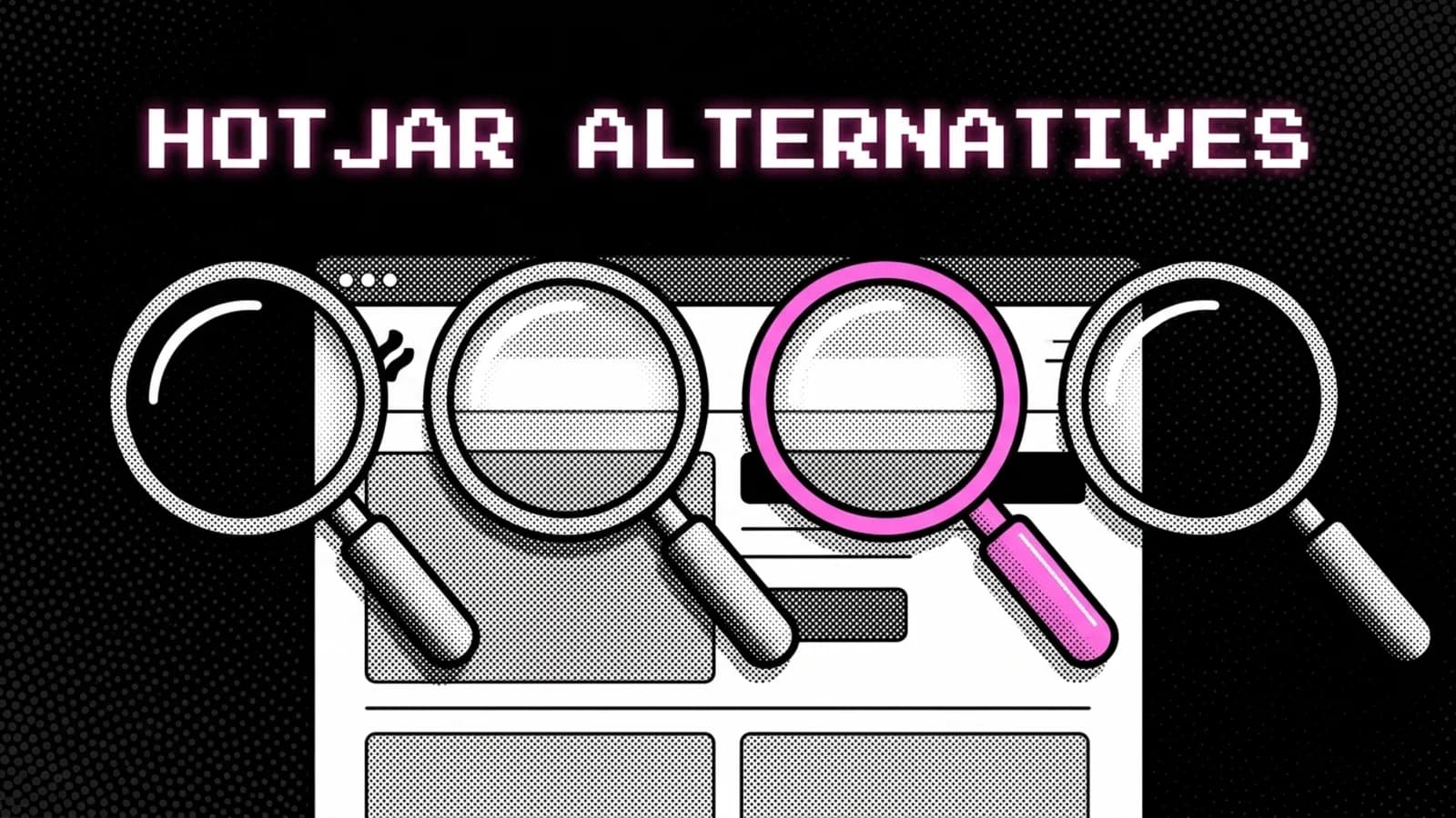 Black and white halftone product page under a heatmap overlay with one pink click cluster, Hotjar alternatives for Shopify stores