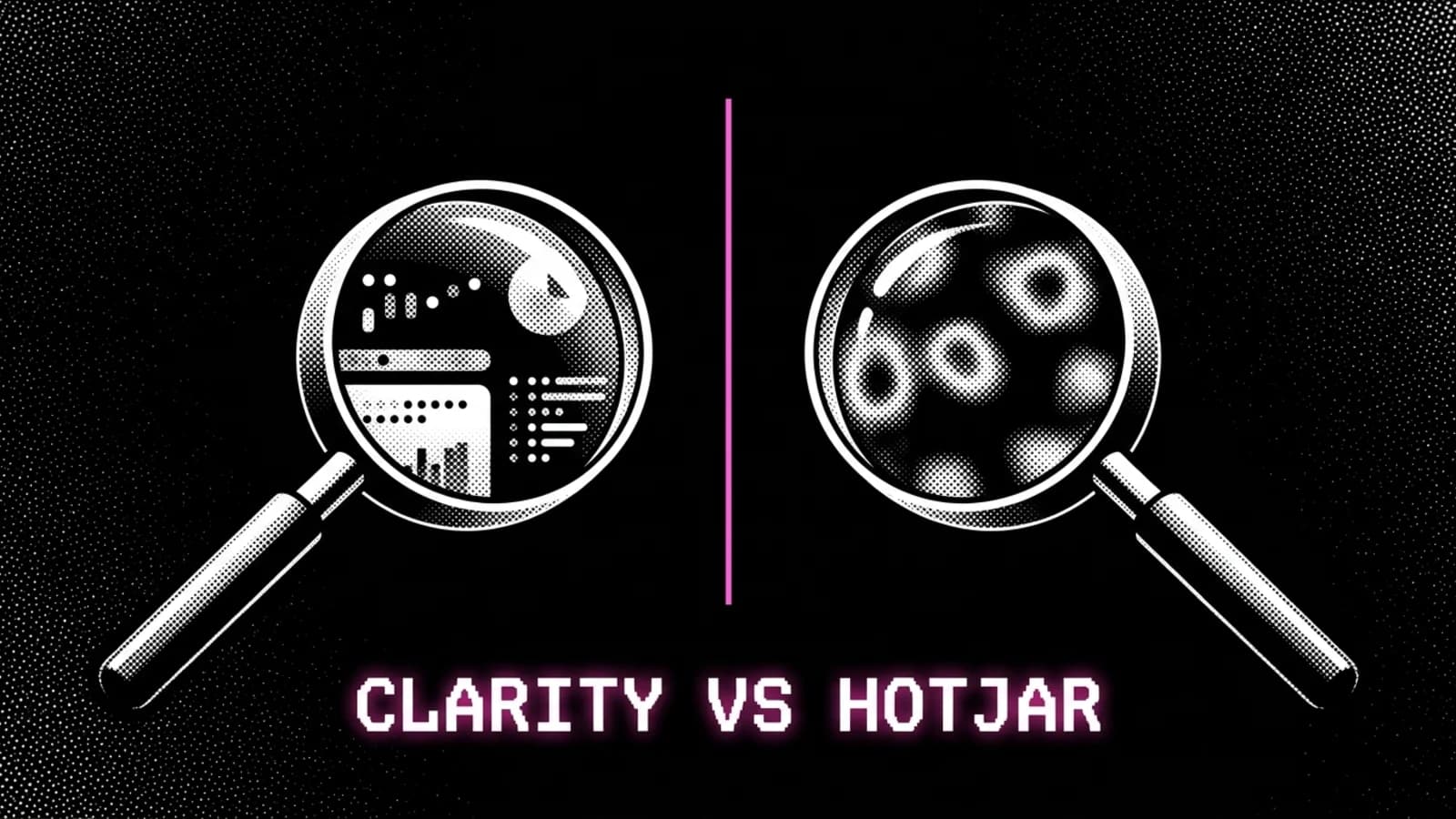 Schwarz-weißer Halbton von zwei überlappenden Heatmap-Bildschirmen mit einem pinken Klick-Cluster, Microsoft Clarity oder Hotjar für Shopify