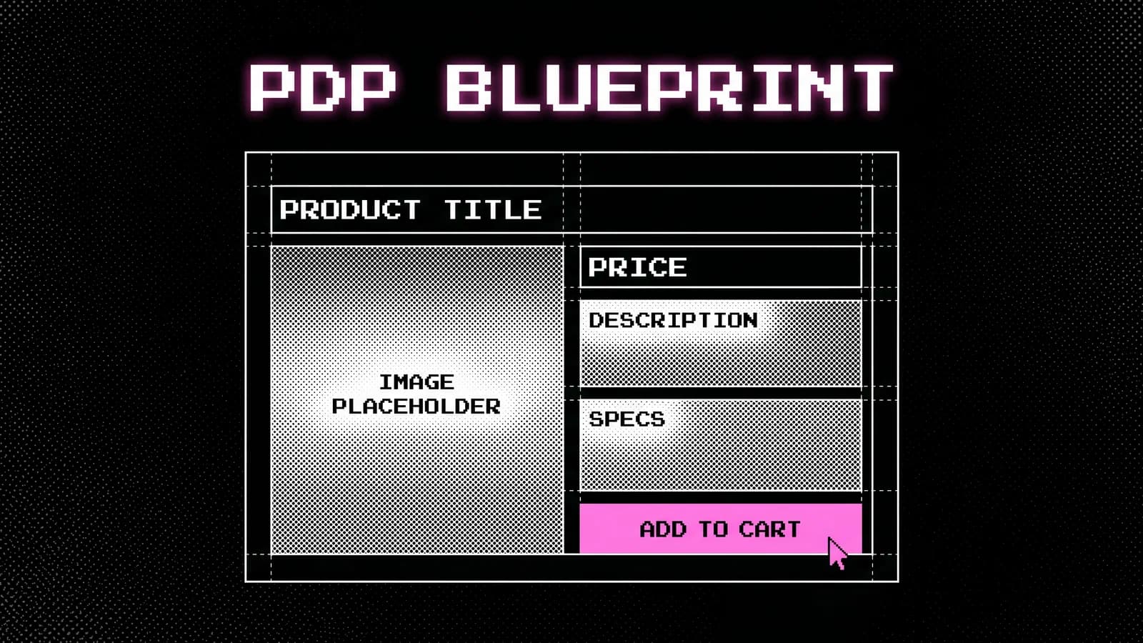 Halbton-Wireframe-Blaupause einer Produktseite, Shopify PDP-Architektur