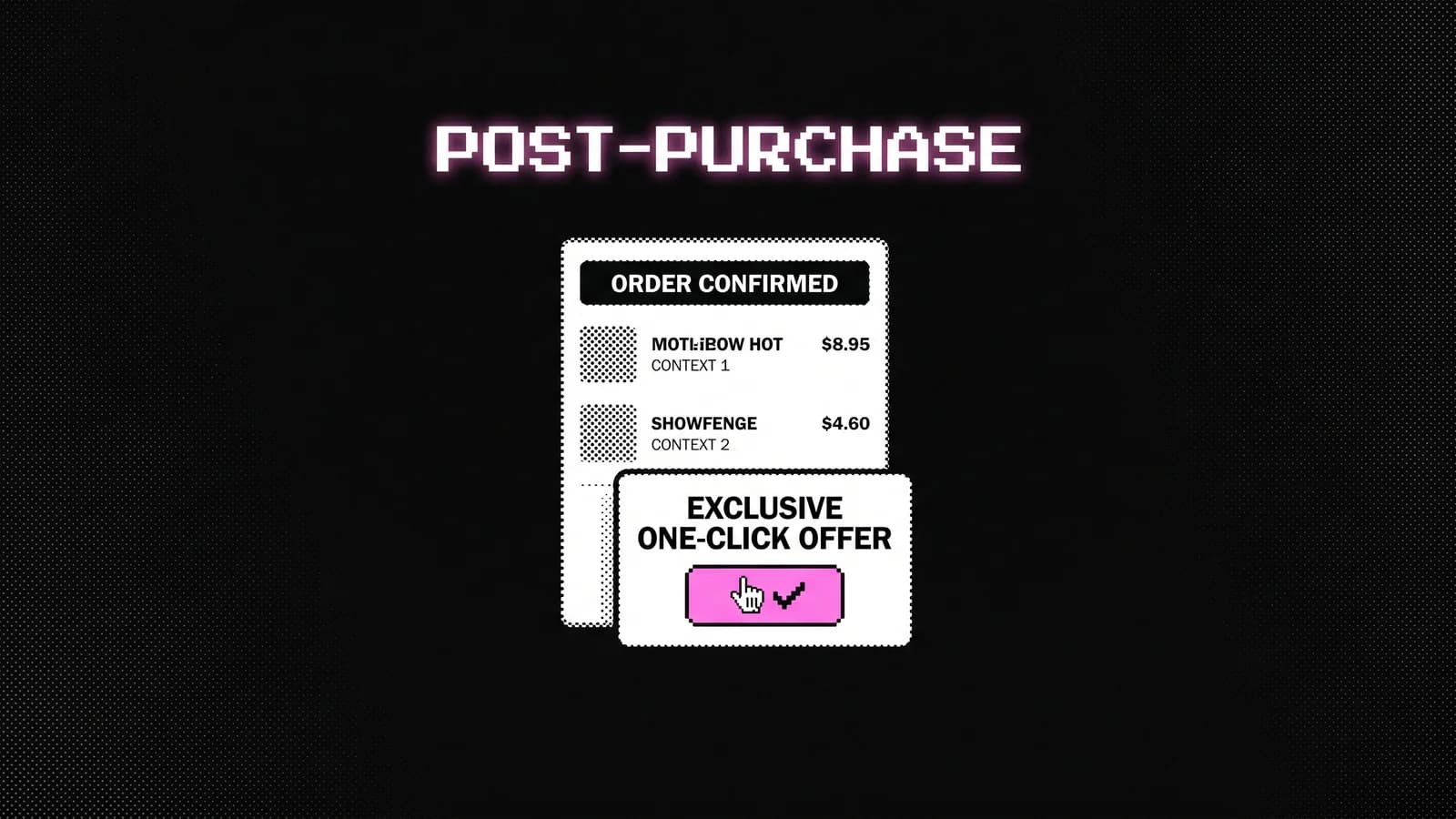 Halftone thank-you page with a one-click offer card, a Shopify post-purchase offer