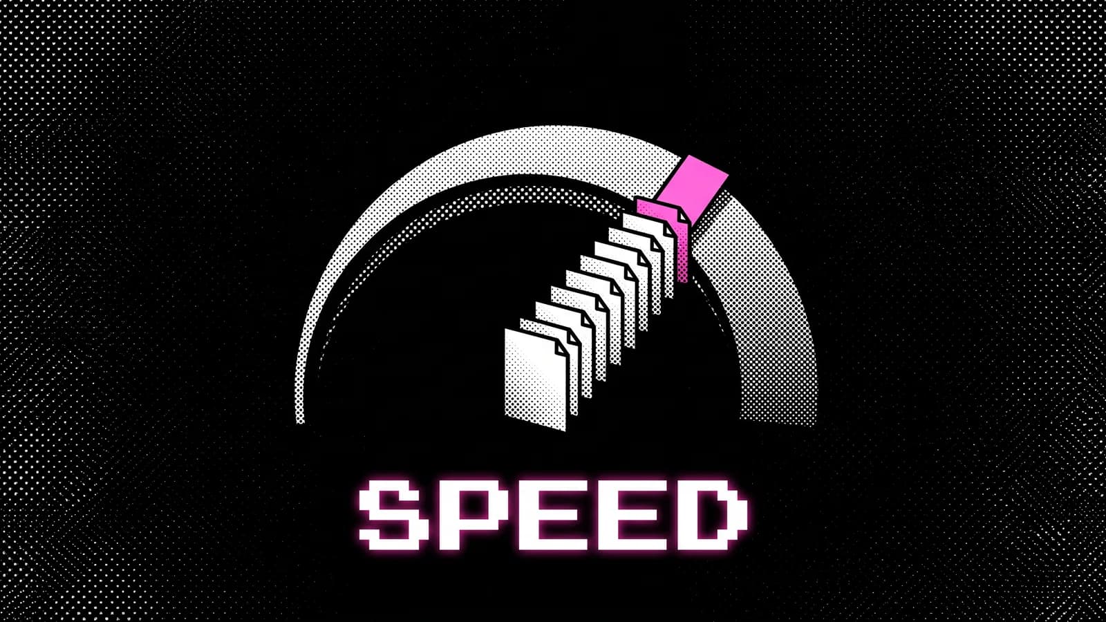 Halftone-Tachometer und gestapelte Seiten-Blöcke, Shopify Speed-Optimierung