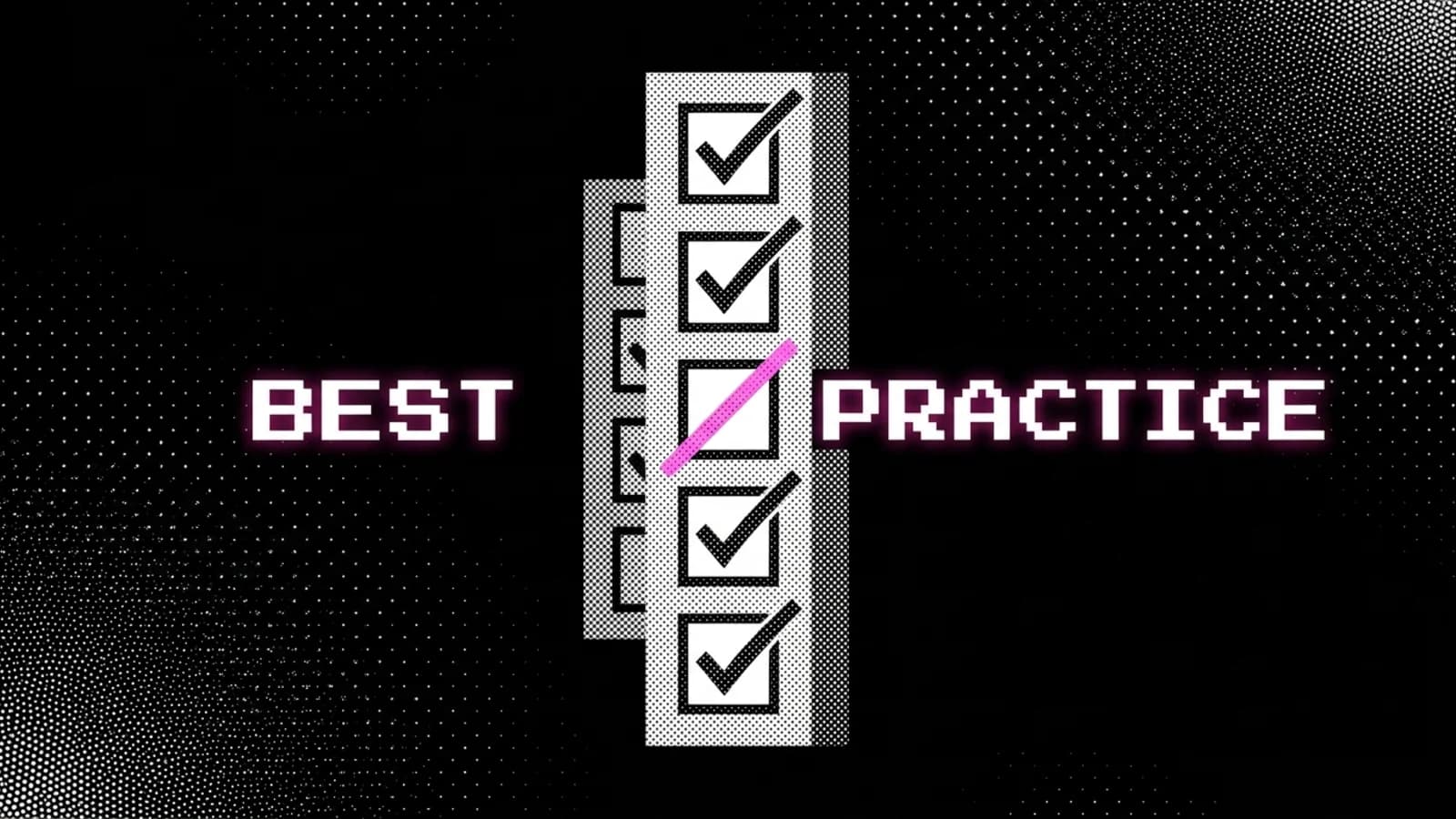 Halftone checklist with one pink crossed-out line, conversion rate optimization best practices