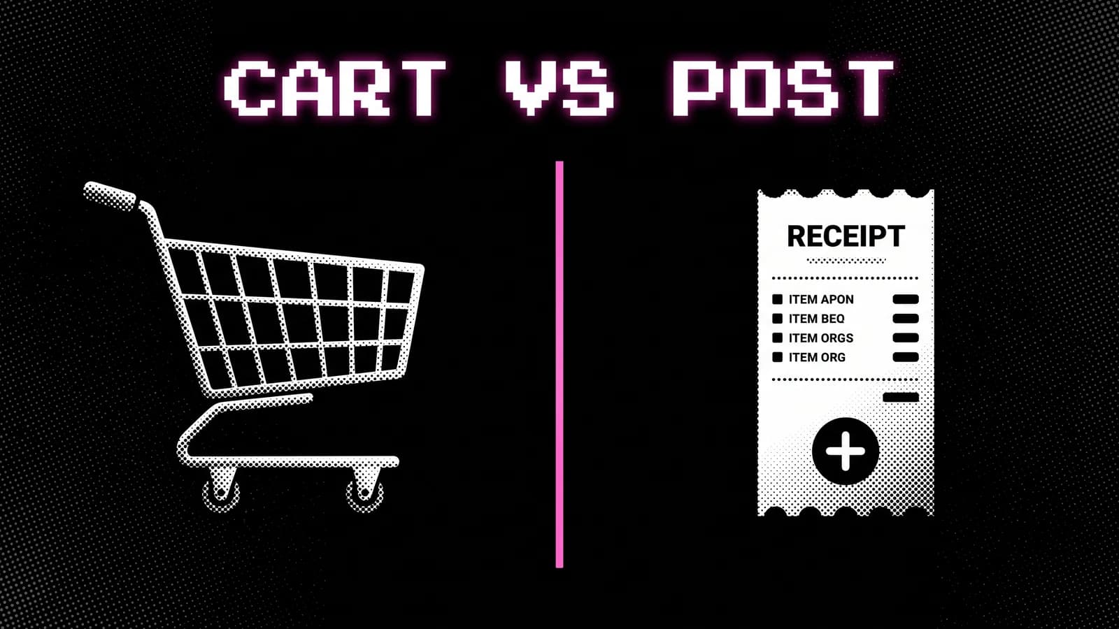 Halftone illustration of a cart slider and a thank-you page split by a pink divider, cart upsells vs post-purchase upsells on Shopify