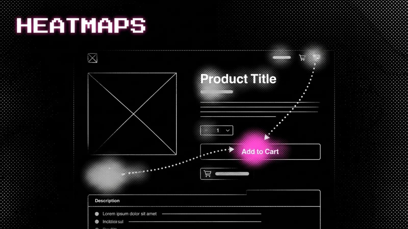 Black and white halftone product page overlaid with a click heatmap, one pink hotspot on the add to cart button