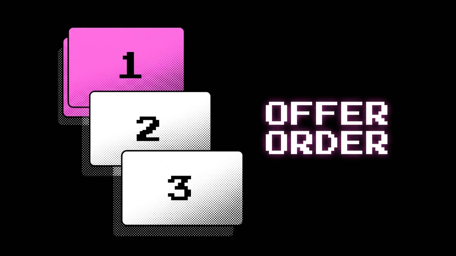 Halbton-Illustration von drei gestapelten Angebotskarten von eins bis drei, die oberste in Pink, Post-Purchase-Angebots-Hierarchie