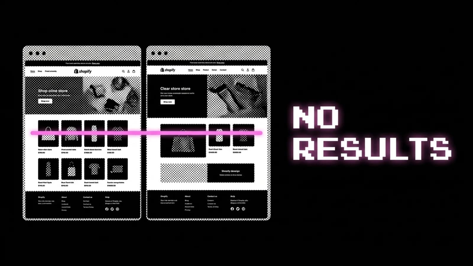Halftone storefront split into before and after with a flat metric line, a Shopify redesign that did not move results