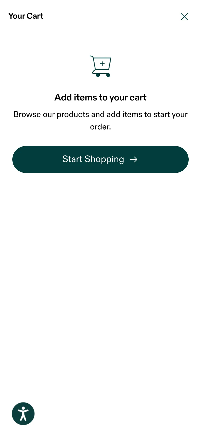 AG1 empty Your Cart drawer — a cart icon, 'Add items to your cart', and a lone Start Shopping button, with zero product recommendations or offer recap