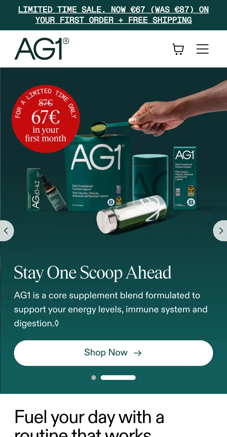 AG1 sticky announcement bar — "LIMITED TIME SALE. NOW €67 (WAS €87) ON YOUR FIRST ORDER + FREE SHIPPING"