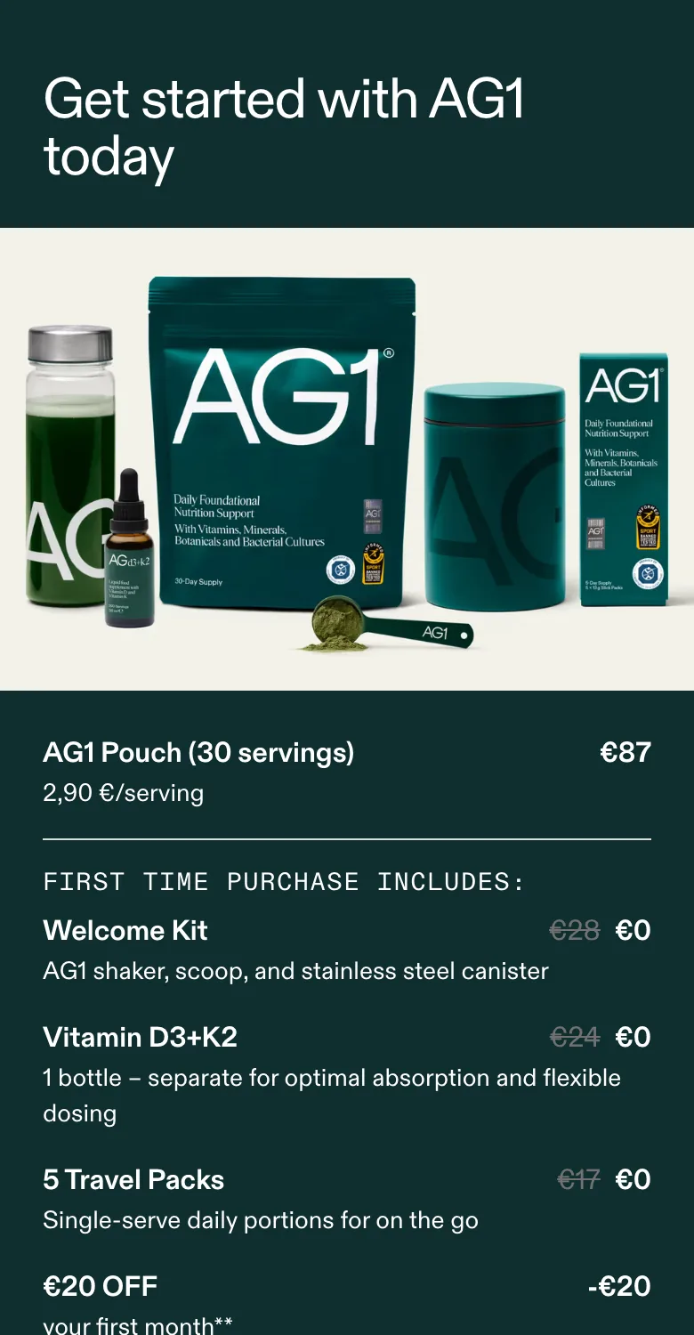 AG1 mobile offer box — stacked Welcome Kit, D3+K2 and Travel Packs to €0, total €87→€67, one "Try AG1 Now" button