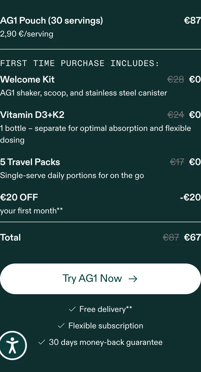 AG1 "Try AG1 Now" button inside the offer box, the only buy CTA on the page