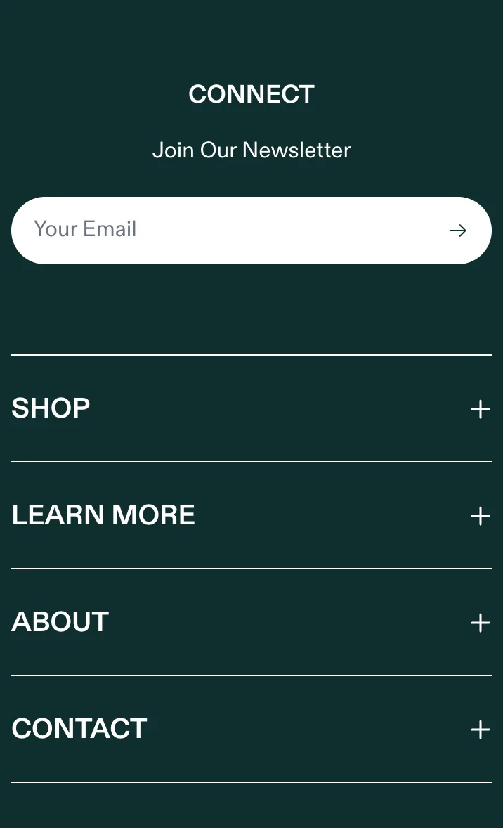 AG1 mobile footer — newsletter capture, SHOP/LEARN MORE accordions exposing Refer Friends and Reviews, Trustpilot widget