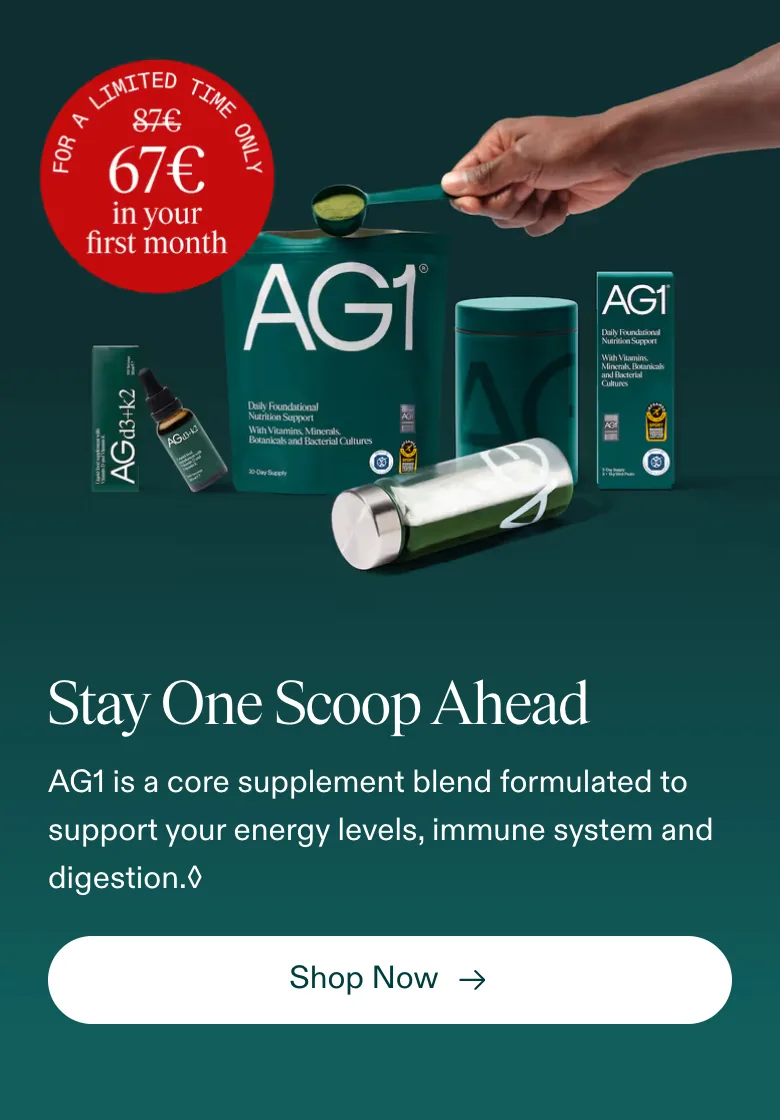 AG1 mobile PDP — identical to the homepage, same announcement bar, nav and carousel hero