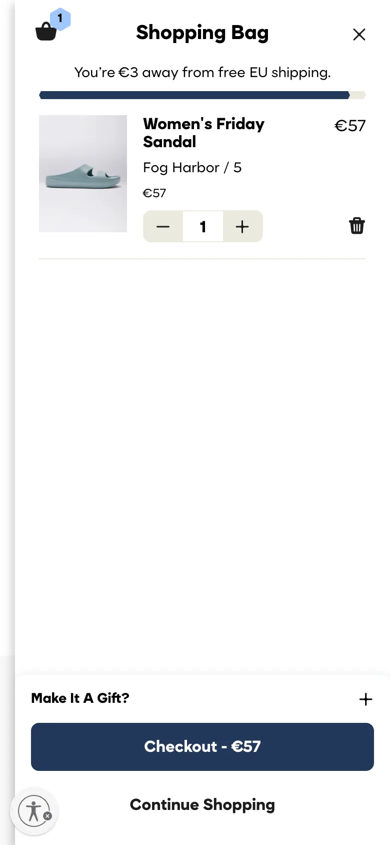 Bombas Shopping Bag drawer with a free-EU-shipping reward bar (€3 to go), a Make It A Gift toggle, and a single Checkout - €57 action