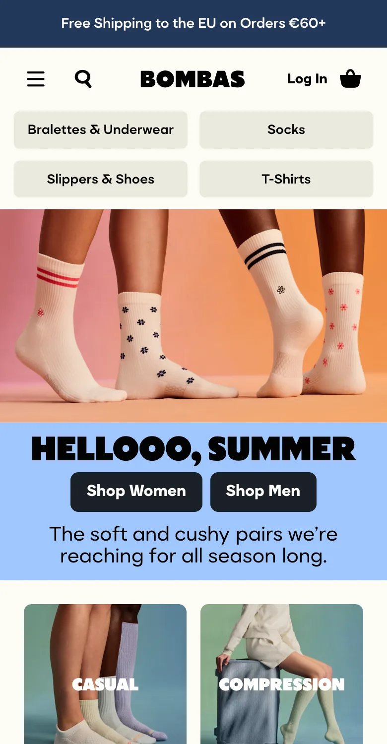 Bombas sticky announce bar — "Free Shipping to the EU on Orders €60+"