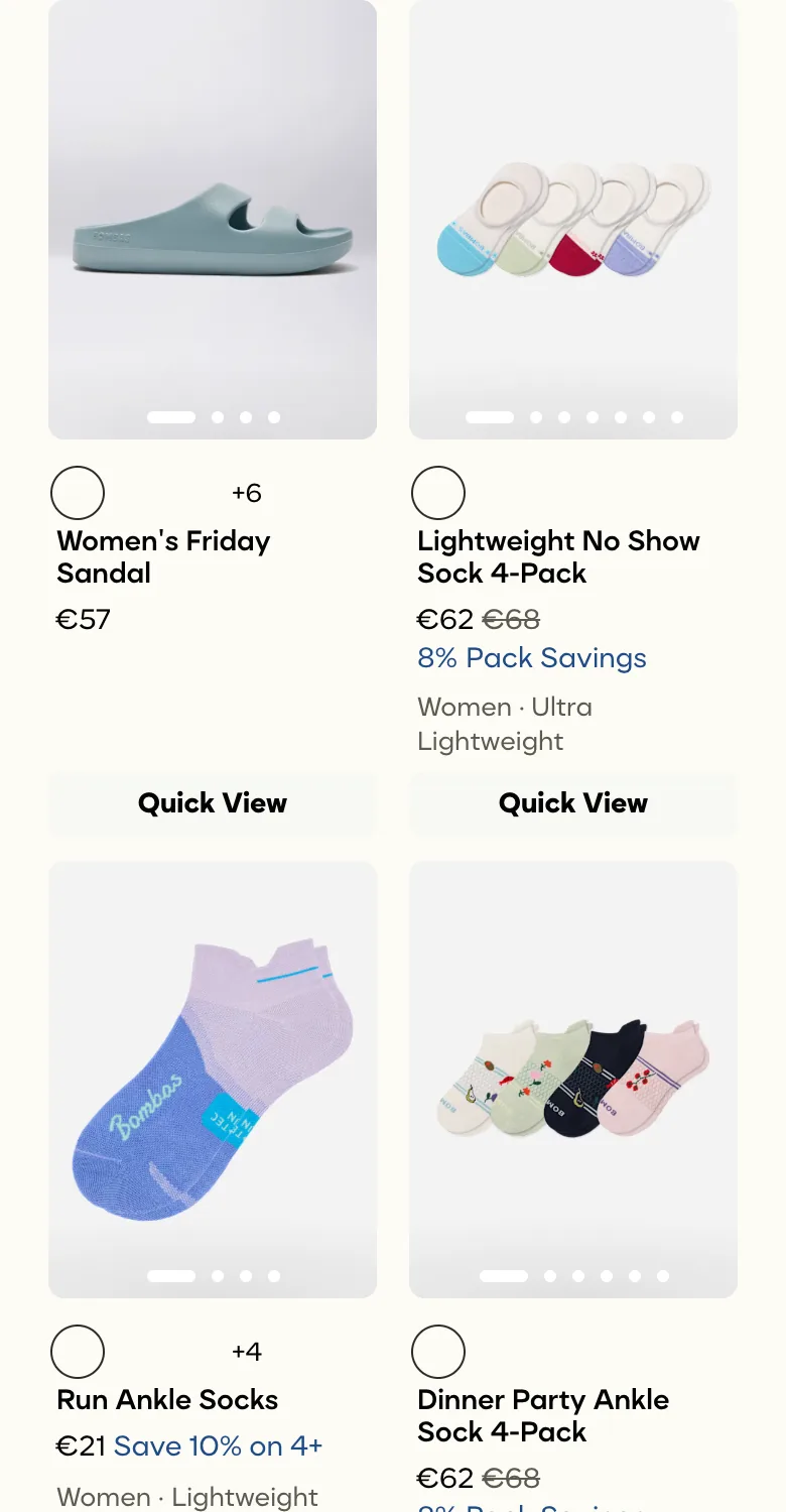 Bombas home product cards showing inconsistent "8% Pack Savings" and "Save 10% on 4+" labels