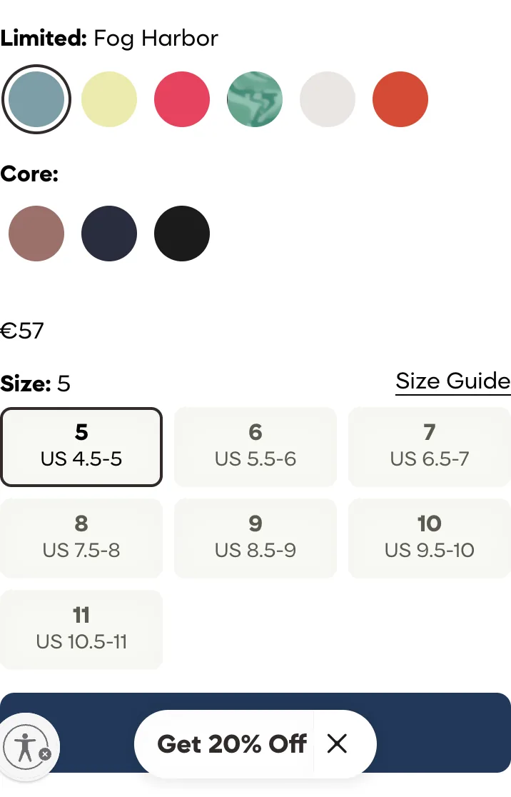 Bombas Friday Sandal mobile buy box — title, swatches and size grid with no price shown