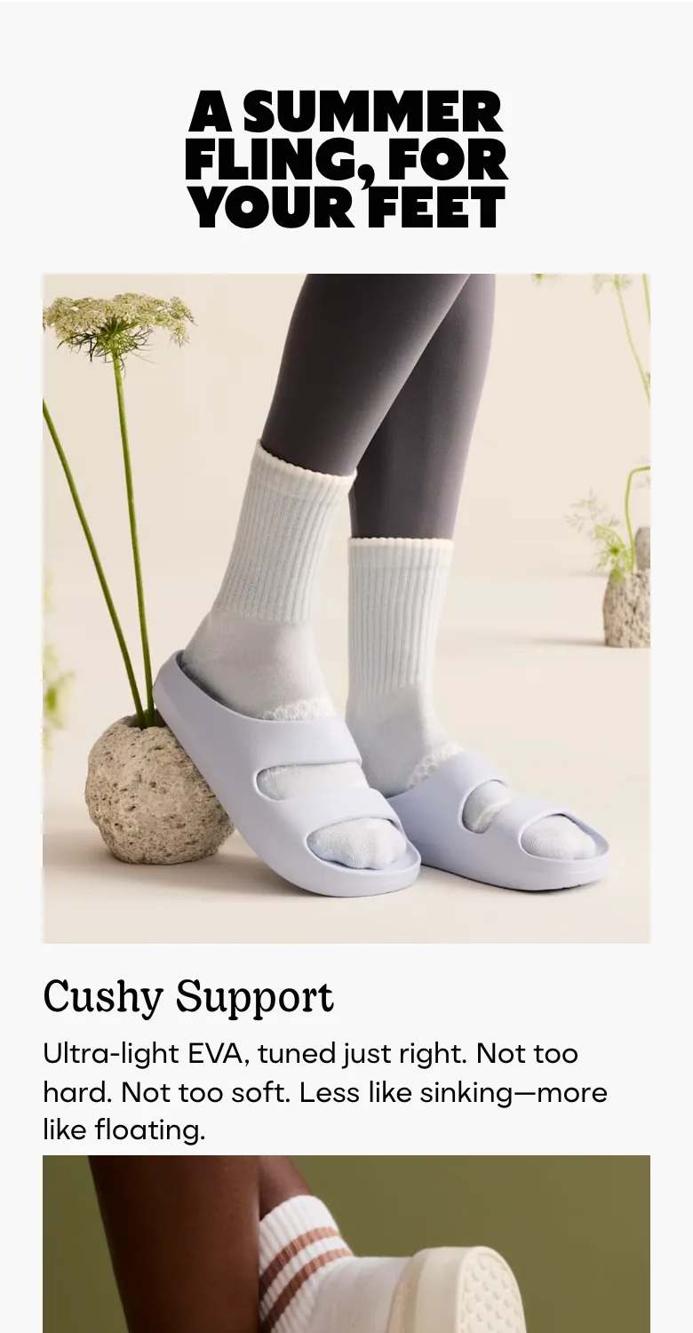Bombas PDP editorial section ("A Summer Fling, For Your Feet") deep in the scroll with no sticky buy bar