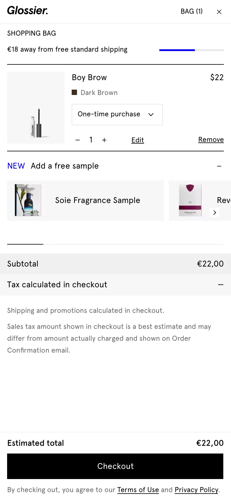 Glossier headless BAG drawer with a €41,05-away free-standard-shipping progress bar and a single Boy Brow line item, and no recommended products or add-ons to help close the gap