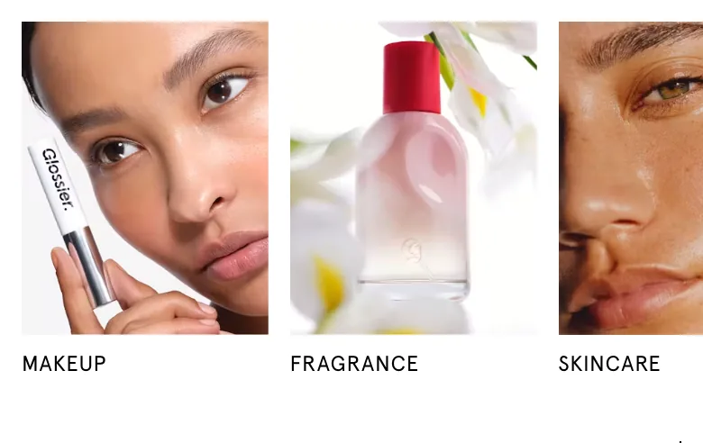 Glossier mobile home category tiles labelled MAKEUP, FRAGRANCE and SKINCARE with a Shop now button