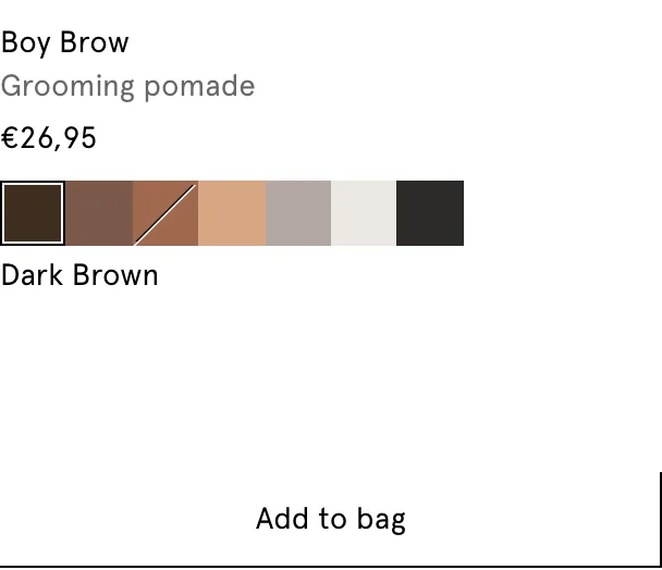 Glossier mobile home best-seller carousel showing Boy Brow at $22 with shade swatches and an Add to bag button