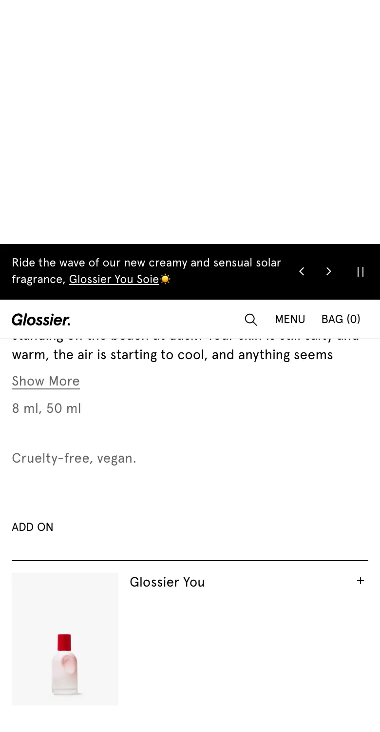 Glossier mobile PDP 'ADD ON' module showing a single Glossier You product with a plus control