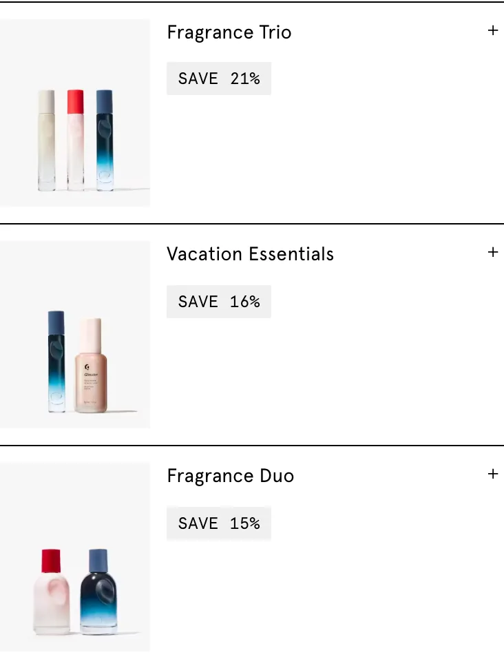 Glossier mobile PDP 'SAVE WITH SETS' section with three collapsed bundles and savings chips