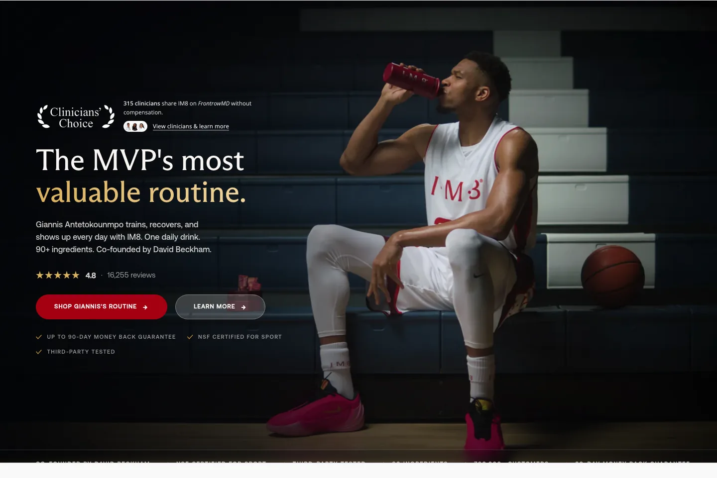 IM8 home hero — athlete-led "MVP's most valuable routine" with press logos