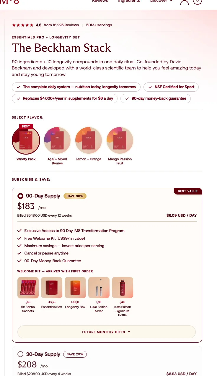 IM8 Beckham Stack buy box — flavour picker, subscription plans, welcome-kit gifts