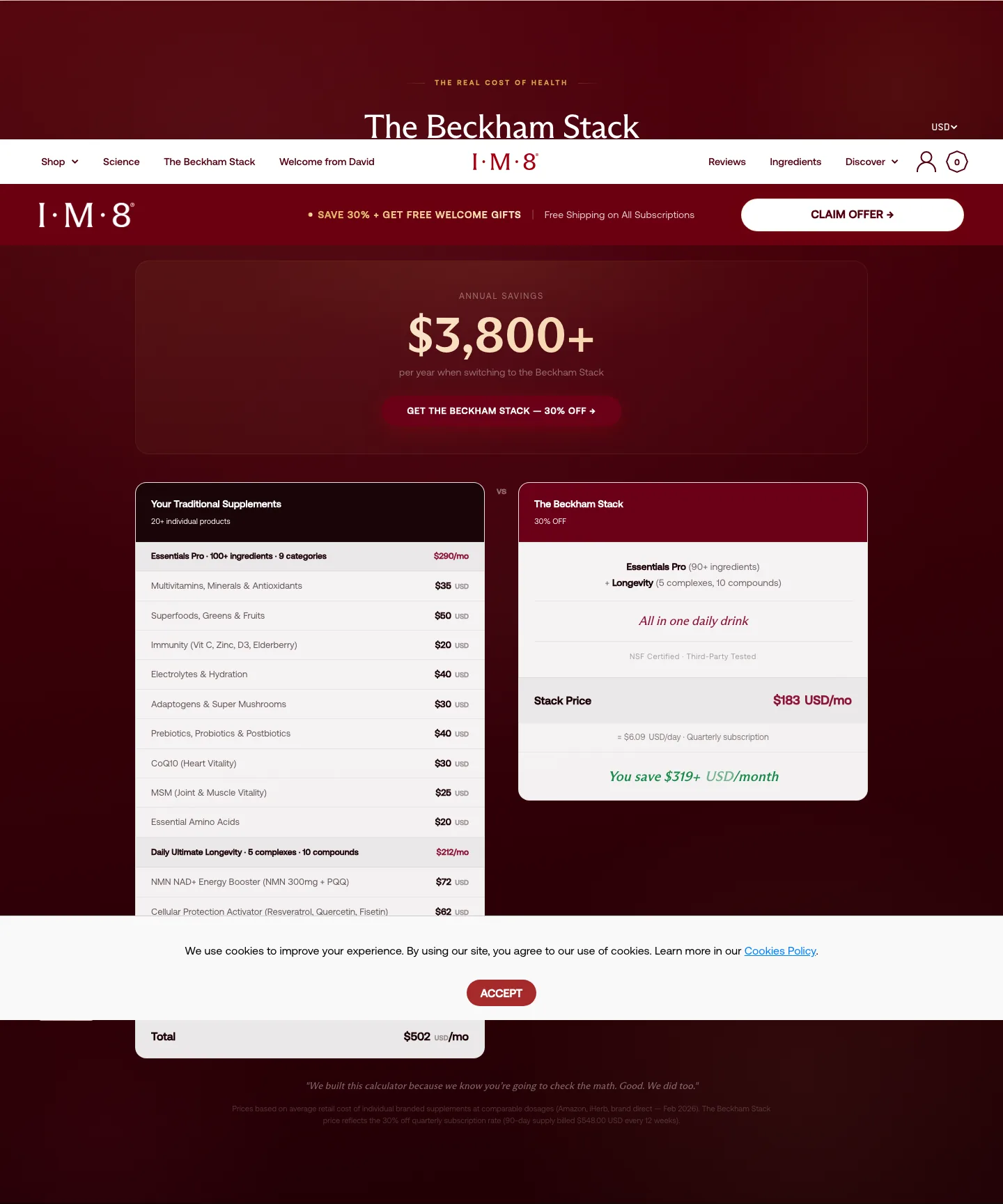 IM8 "The Real Cost of Health — replaces 20+ supplements" cost-comparison block, deep in the PDP
