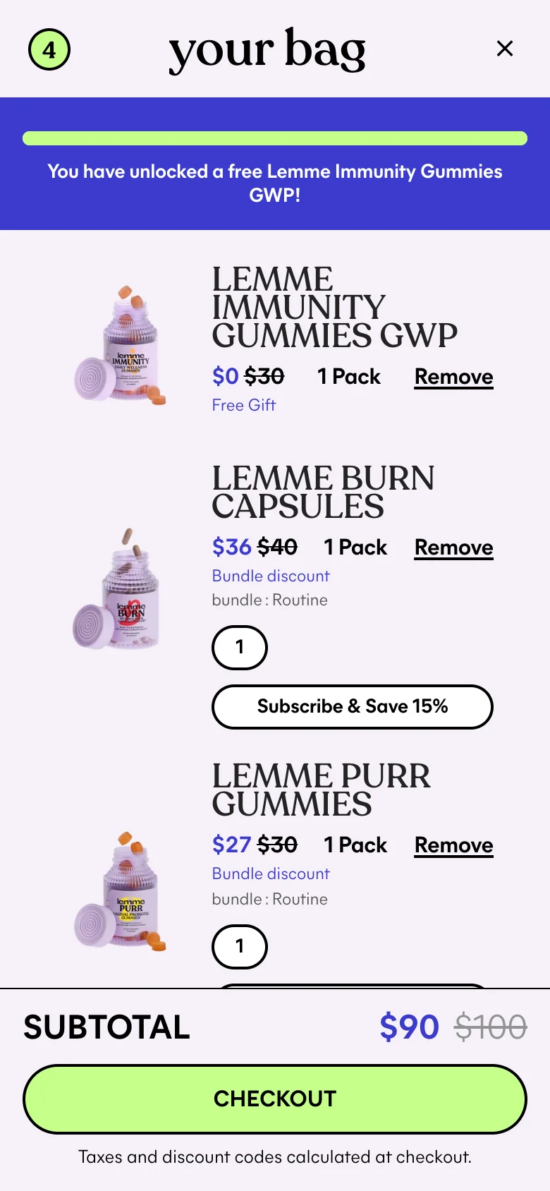 Lemme cart drawer showing "Subscribe & Save 15%" against the hero's 35% and a home block's 20%