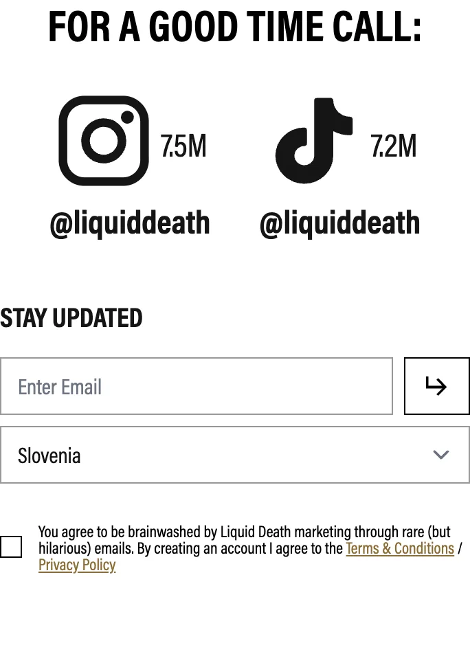 Liquid Death social proof block with 7.5M and 7.2M follower counts near the page bottom