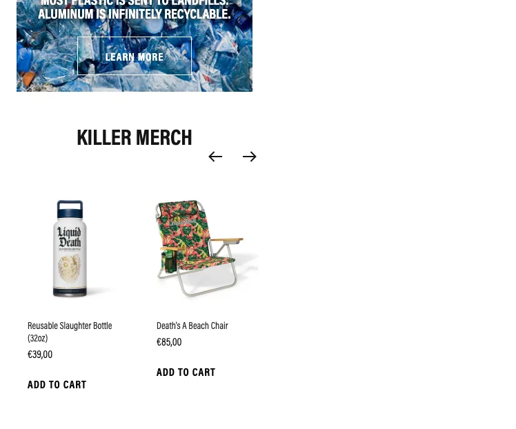 Liquid Death Killer Merch carousel card with a text-only Add to Cart link