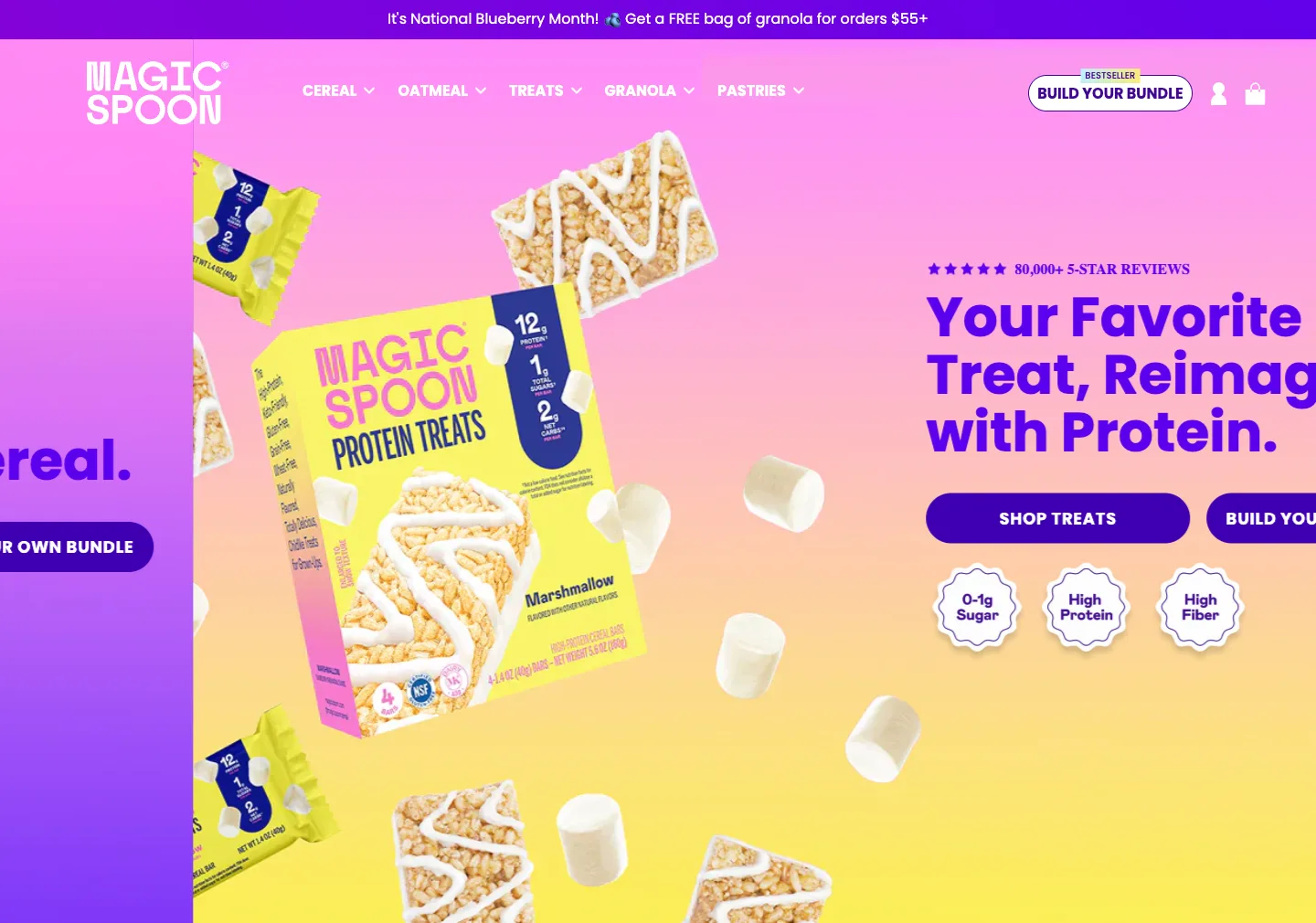 Magic Spoon hero with two competing CTAs (Shop Treats and Build Your Own Bundle) and trust badges