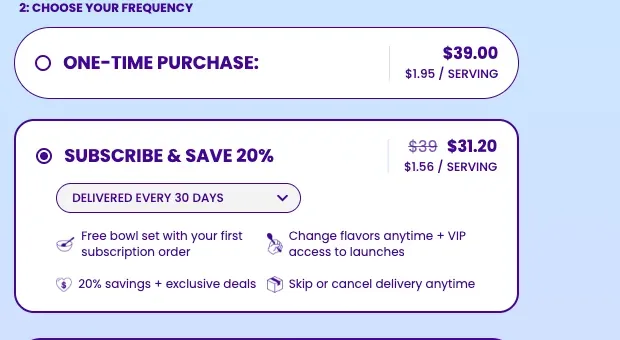 Magic Spoon PDP purchase options with Subscribe & Save pre-selected over One-Time Purchase