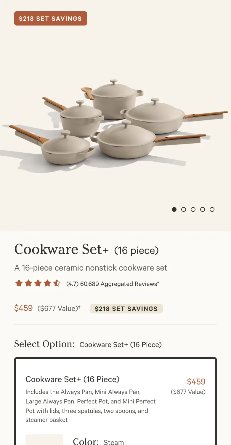 Our Place mobile PDP buy box with the only Add to Cart near the top of a very tall page