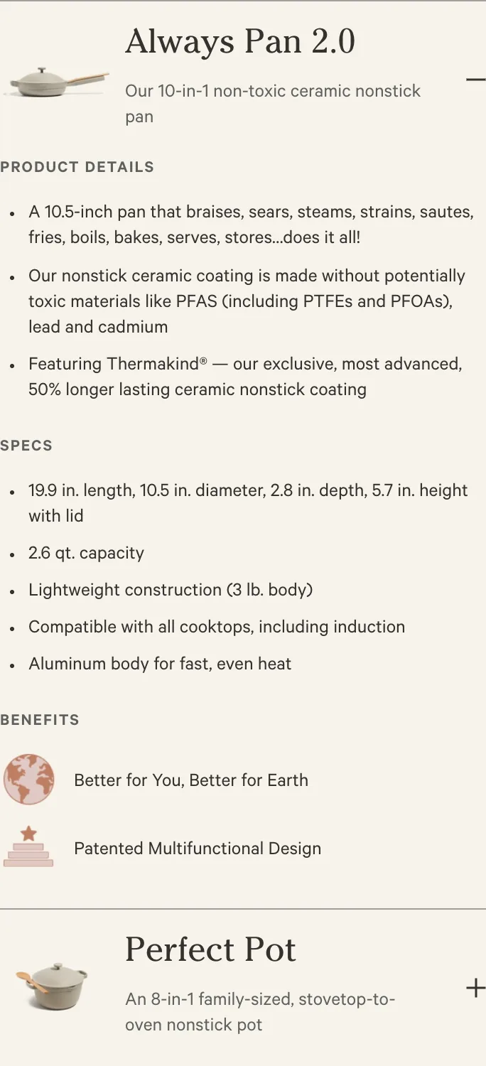 Our Place mobile PDP opening on benefits and a related-products accordion above the option selector