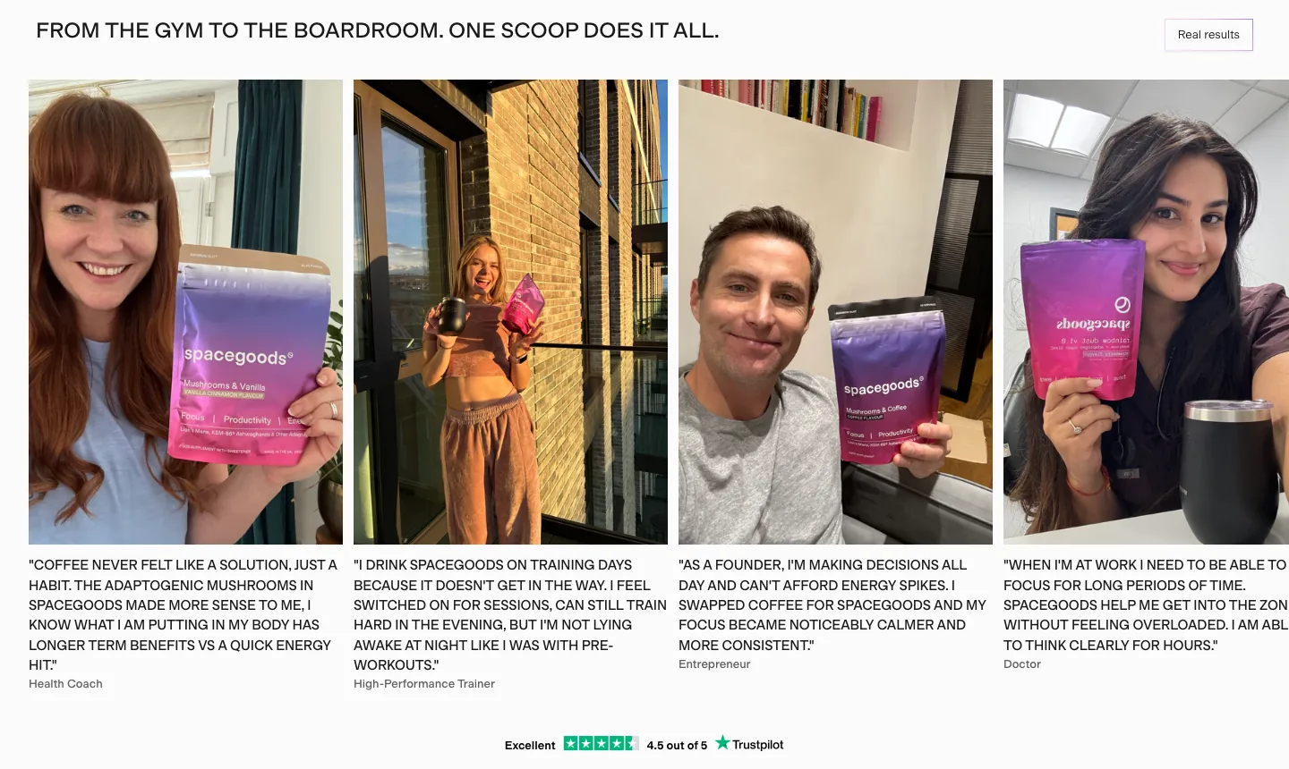 Spacegoods reviews block — "From the gym to the boardroom" customer results, placed mid-page