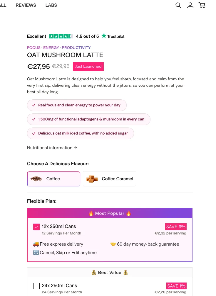 Spacegoods product buy box — subscription plans, flavour picker, Try Risk Free button